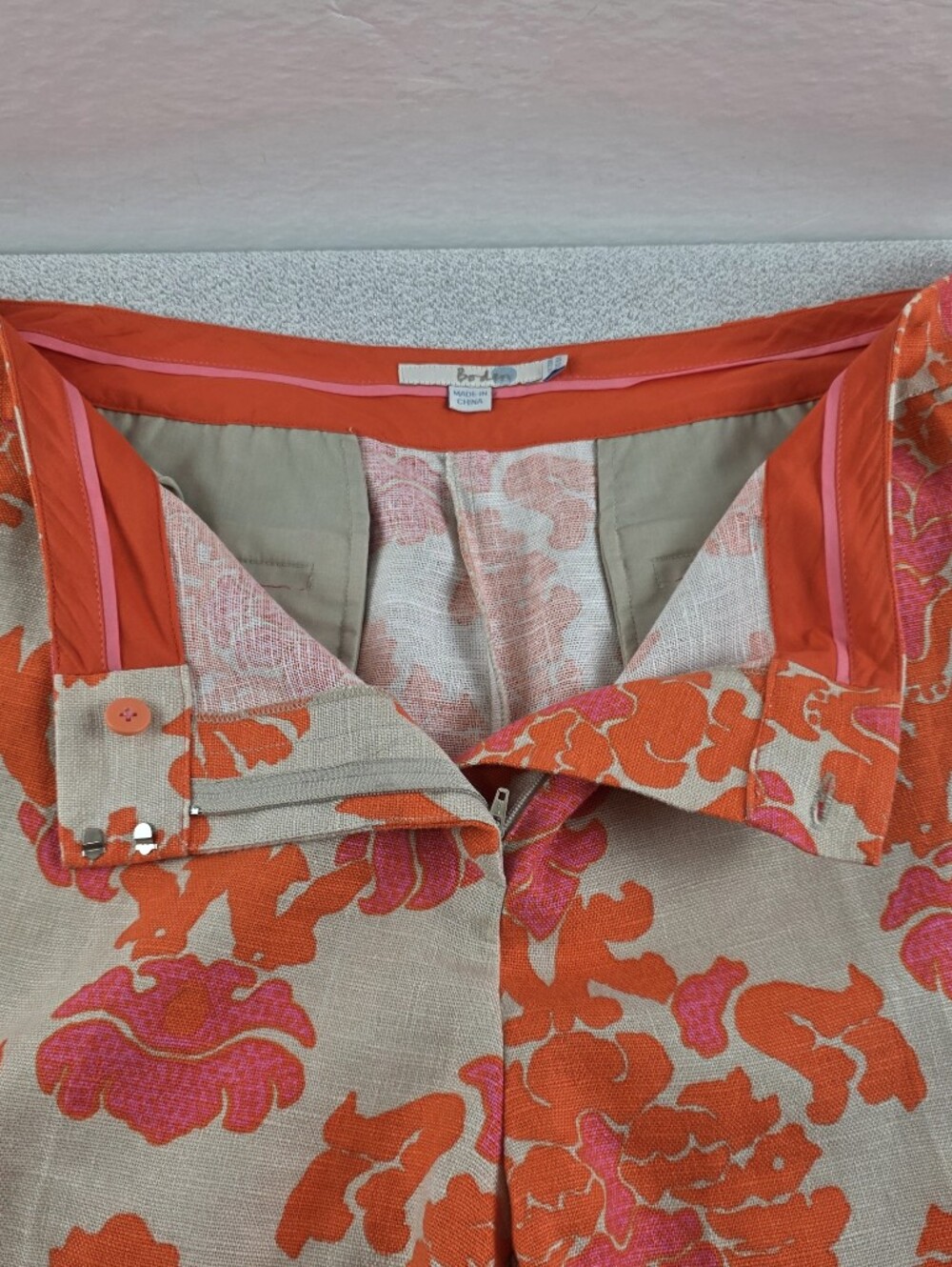 Boden Floral Brocade Linen Pants Tan Orange Pink Wmn's 16R - Picture 8 of 13